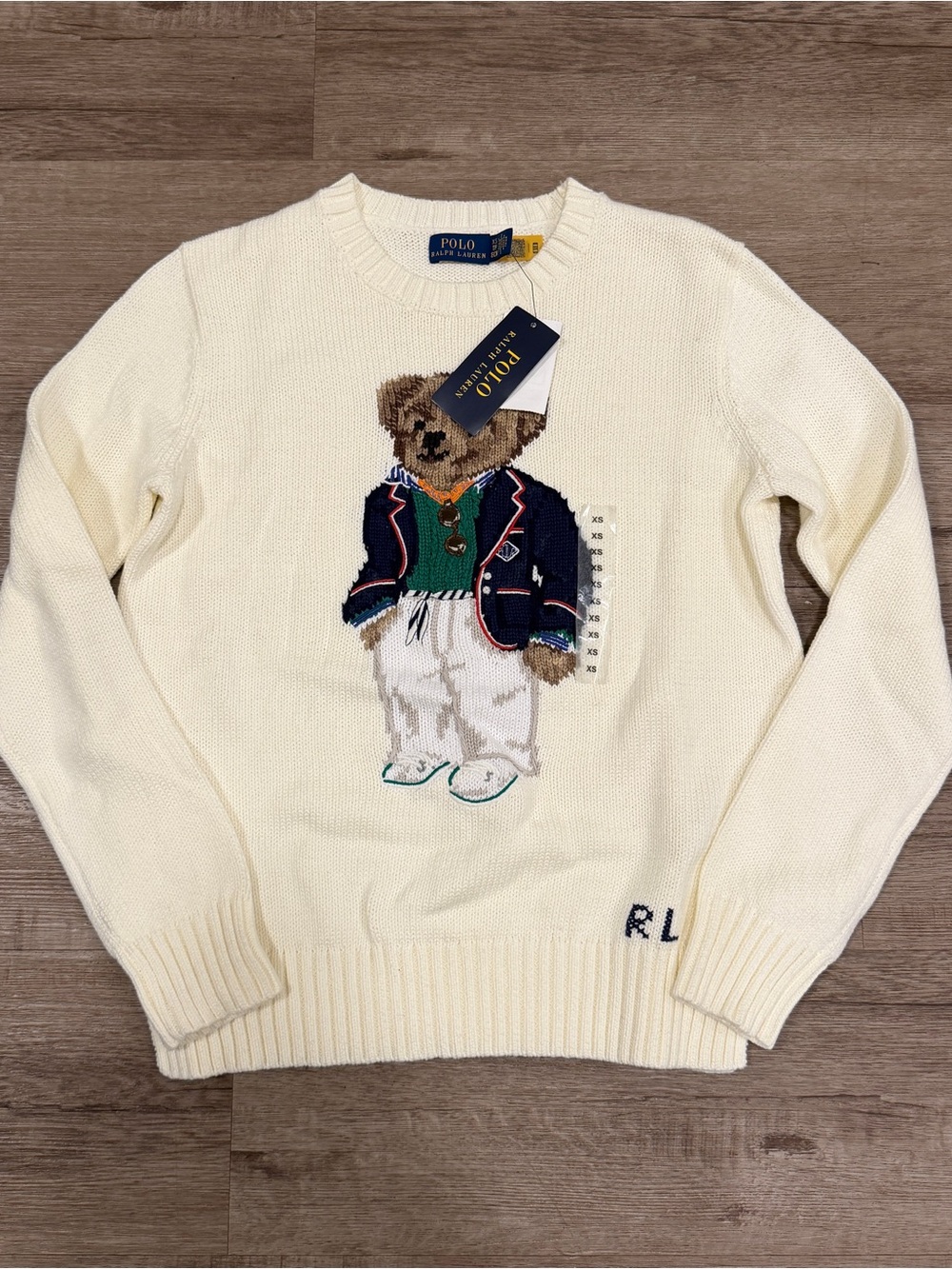 Polo Ralph Lauren Cream Off White Knit Crewneck Sweater Polo Bear Womens XS